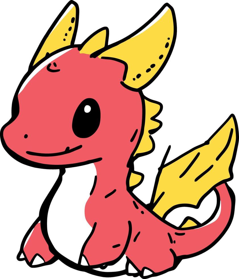 Cute Hand-drawn Red Baby Dragon with Yellow Wings and Whimsical Expression vector