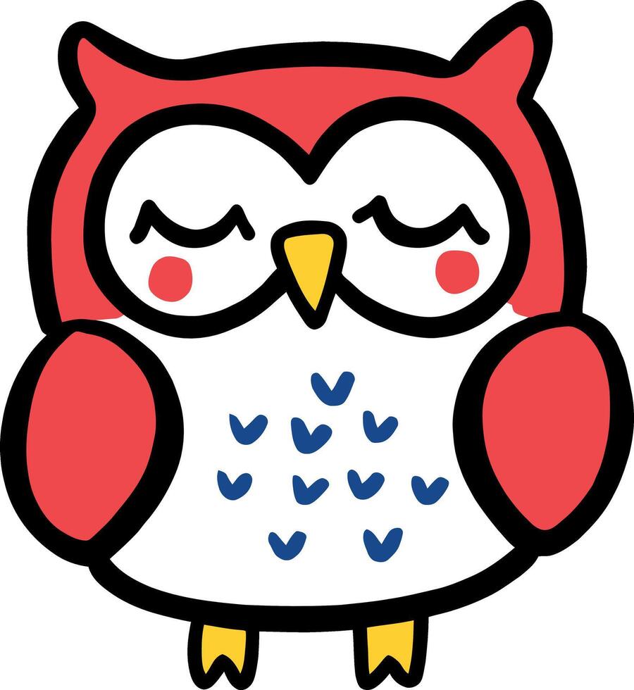 Cute Cartoon Red Owl with Closed Eyes and Heart Patterns on White Belly vector