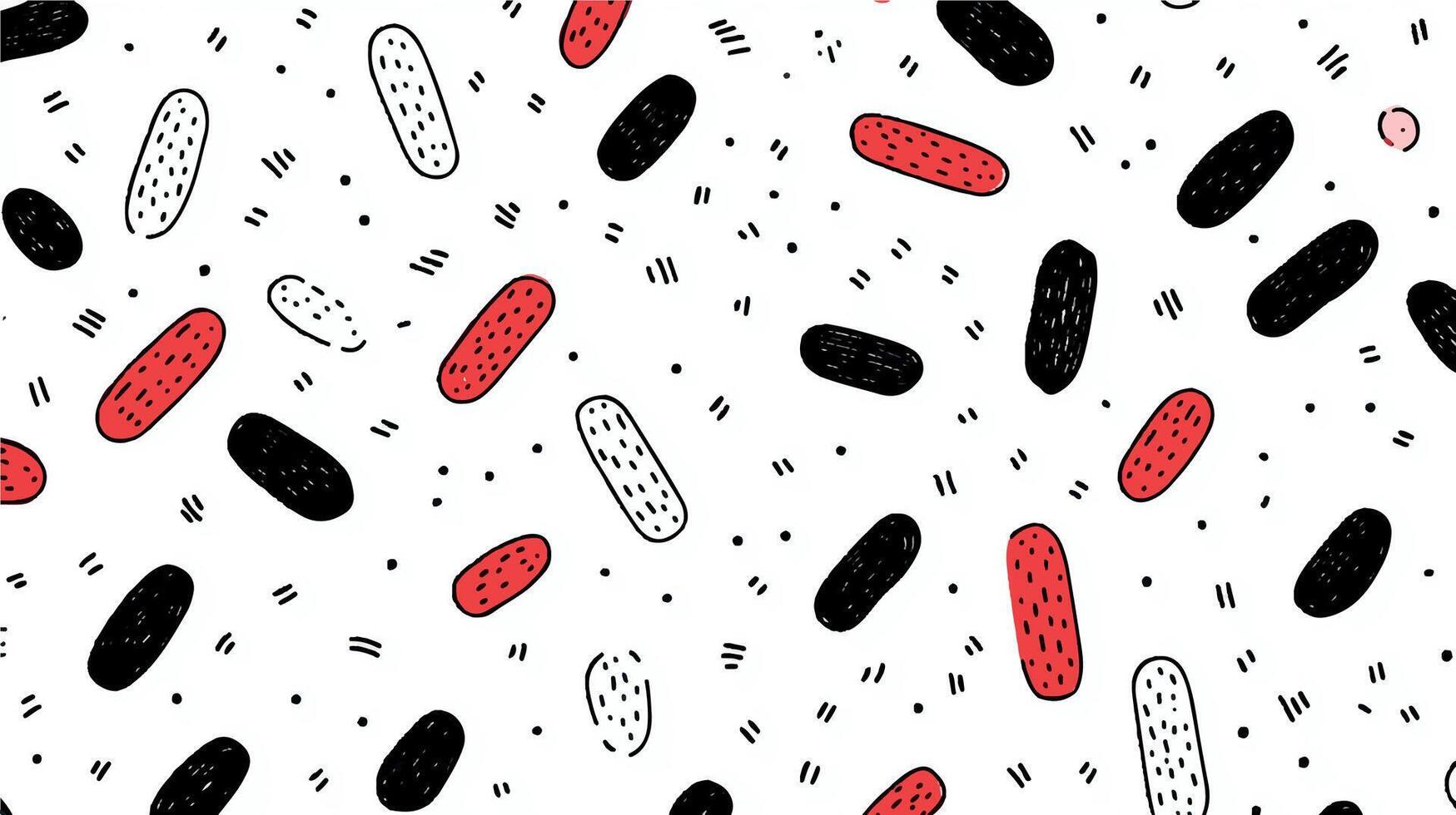 Hand-Drawn Abstract Pattern with Black, Red, and White Doodle Shapes vector