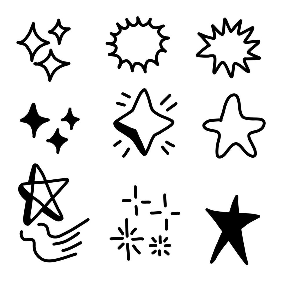 Set of hand drawn star and sparkle effect drawing illustrations in cartoon and doodle style. vector