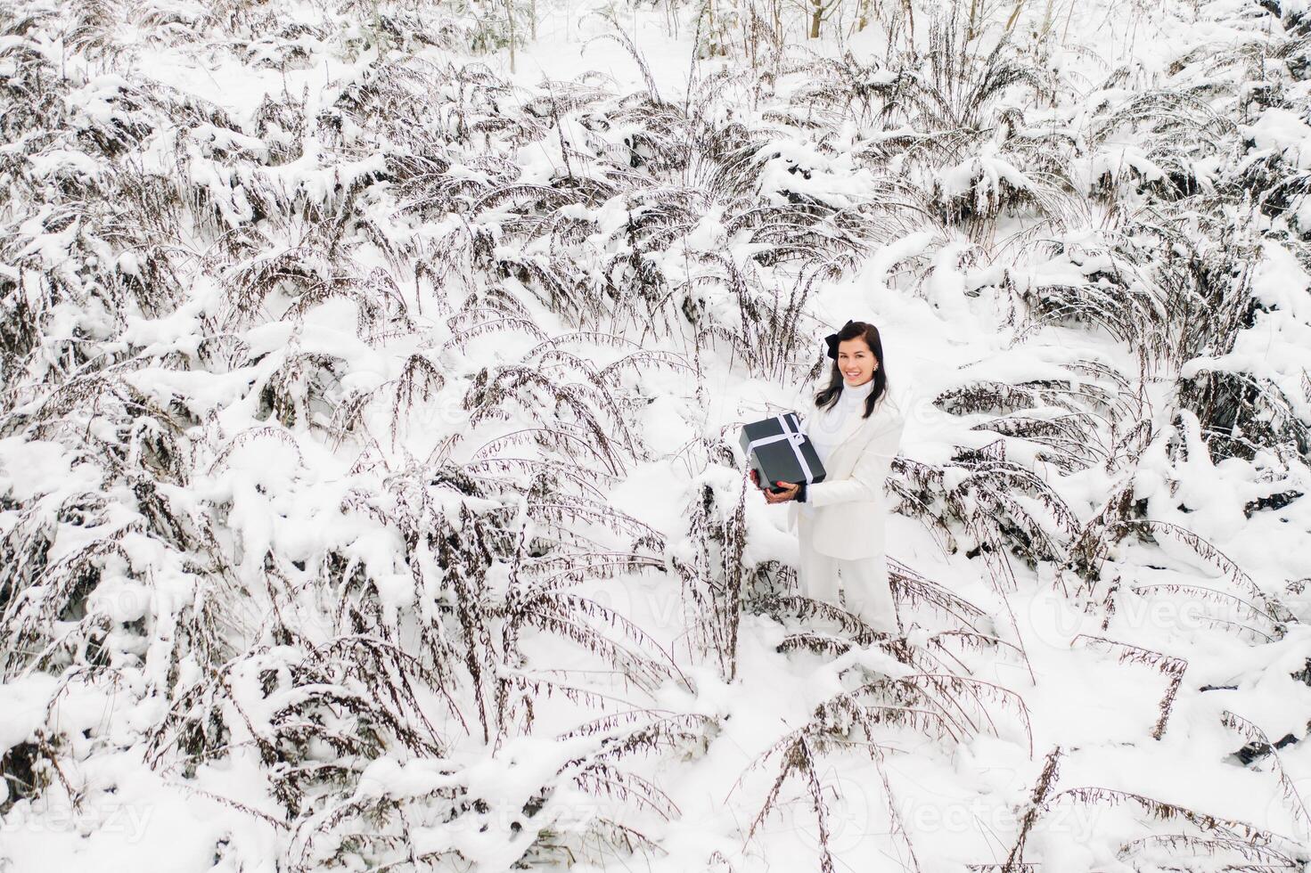 A stylish woman with a white suit with a New Year's gift in her hands in a winter forest. A girl in nature in a snowy forest with a gift box photo