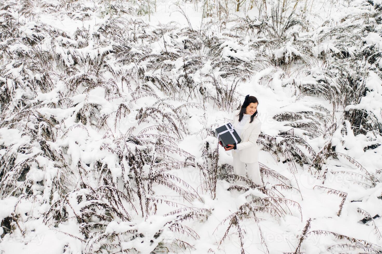 A stylish woman with a white suit with a New Year's gift in her hands in a winter forest. A girl in nature in a snowy forest with a gift box photo