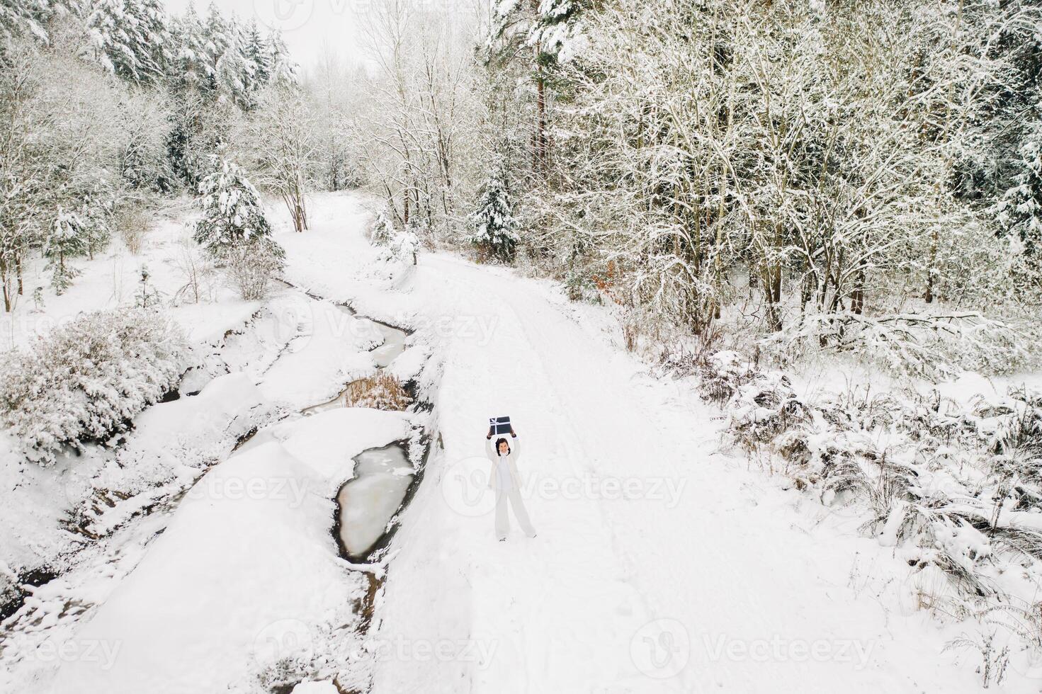 A stylish woman with a white suit with a New Year's gift in her hands in a winter forest. A girl in nature in a snowy forest with a gift box photo