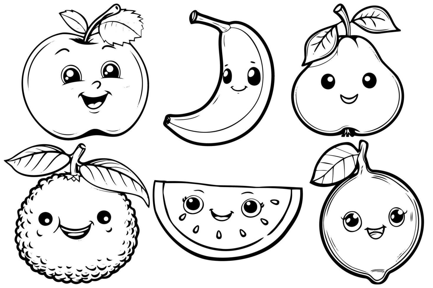 Coloring page illustration of smiling fruits including an apple, banana, pear, lychee, lemon and watermelon vector