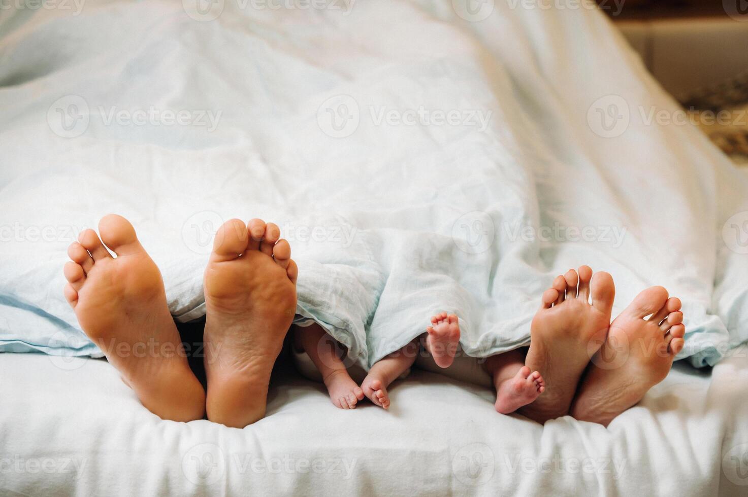 the feet of parents and young children under the blanket. Mom and dad with children lie under a blanket at home photo