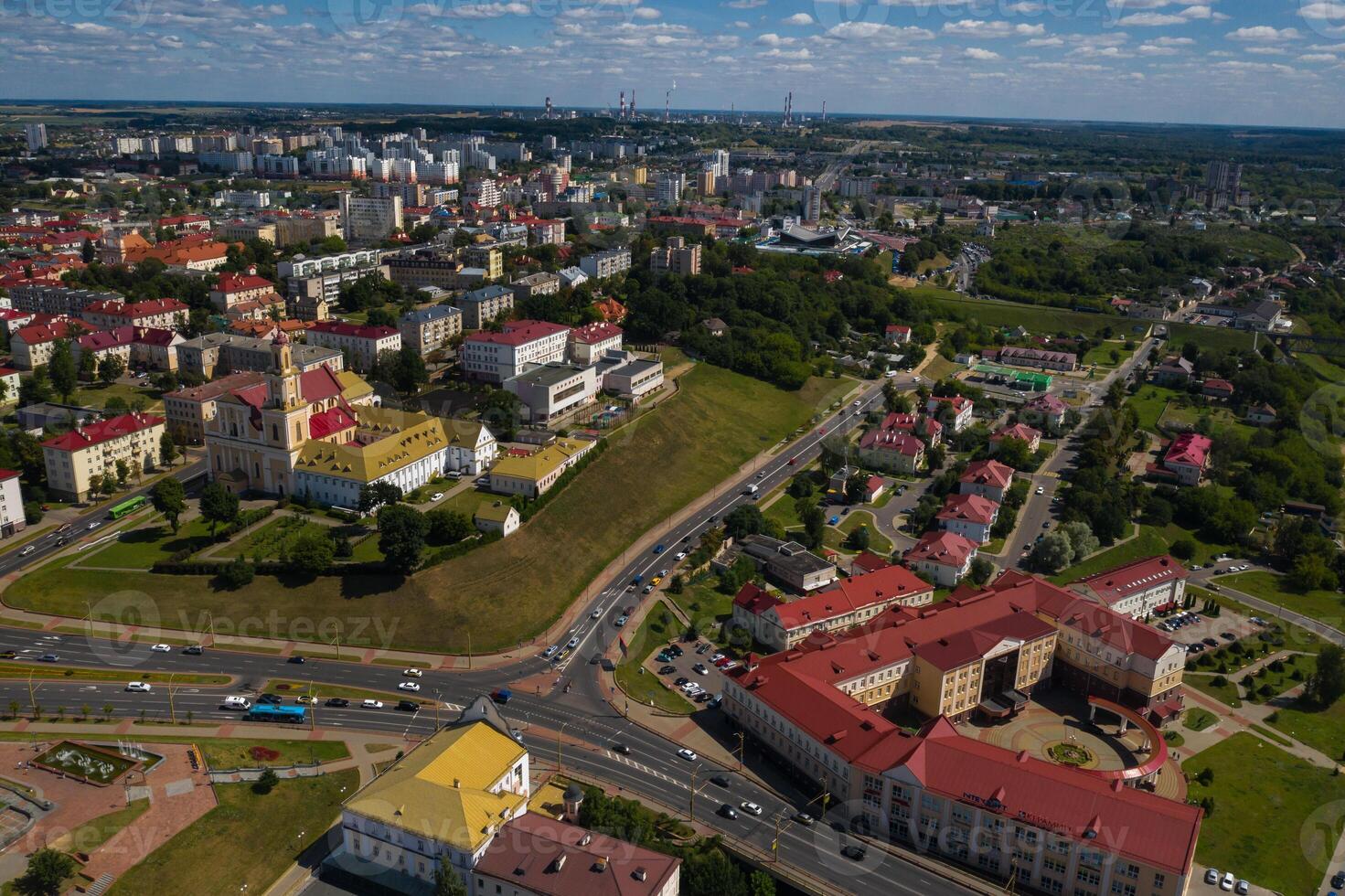 Top view of the city center of Grodno, Belarus. The historic center of the city with a red tile roof and an old Catholic Church photo