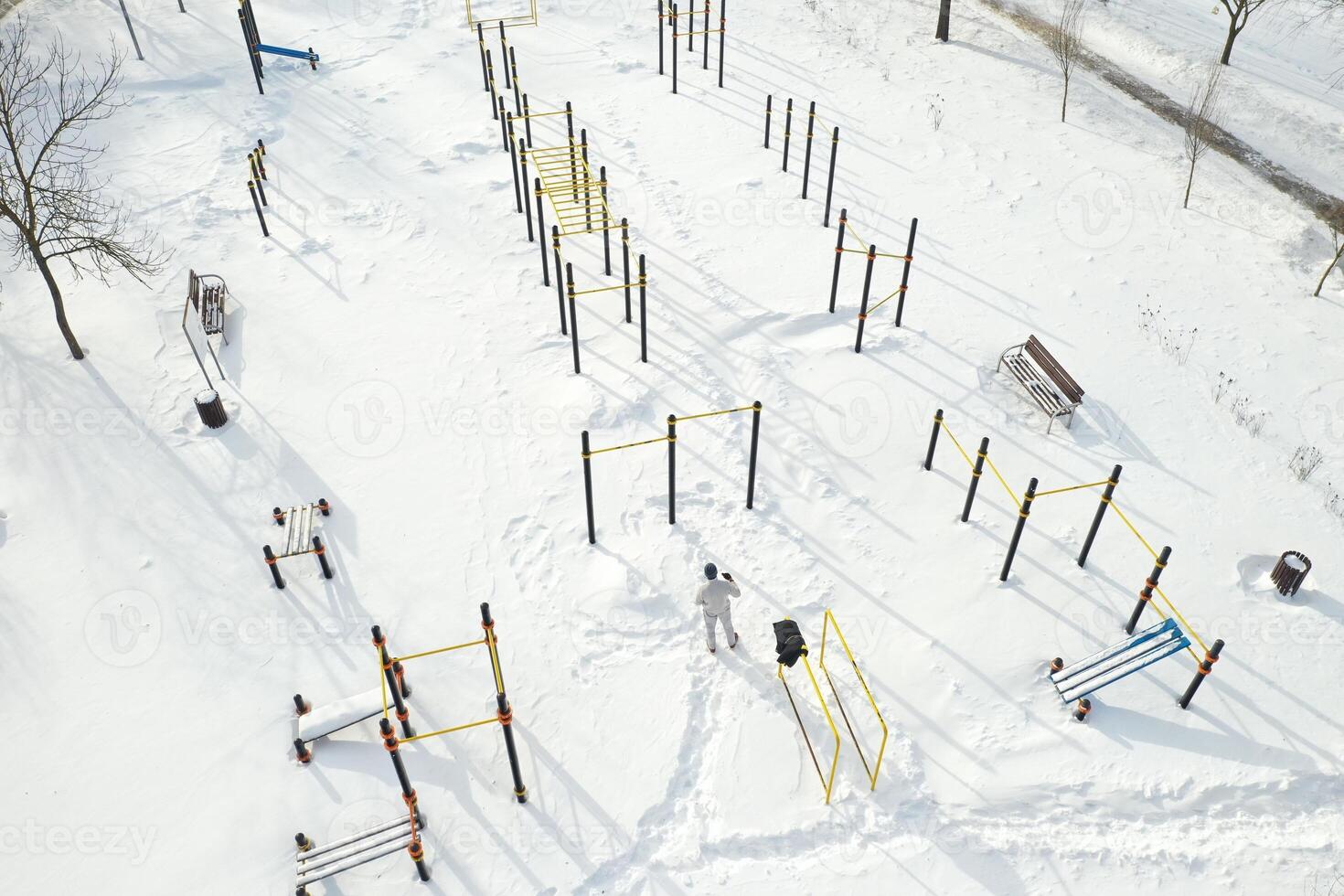 Top view of an empty sports field in a winter park. Infrastructure for winter sports photo
