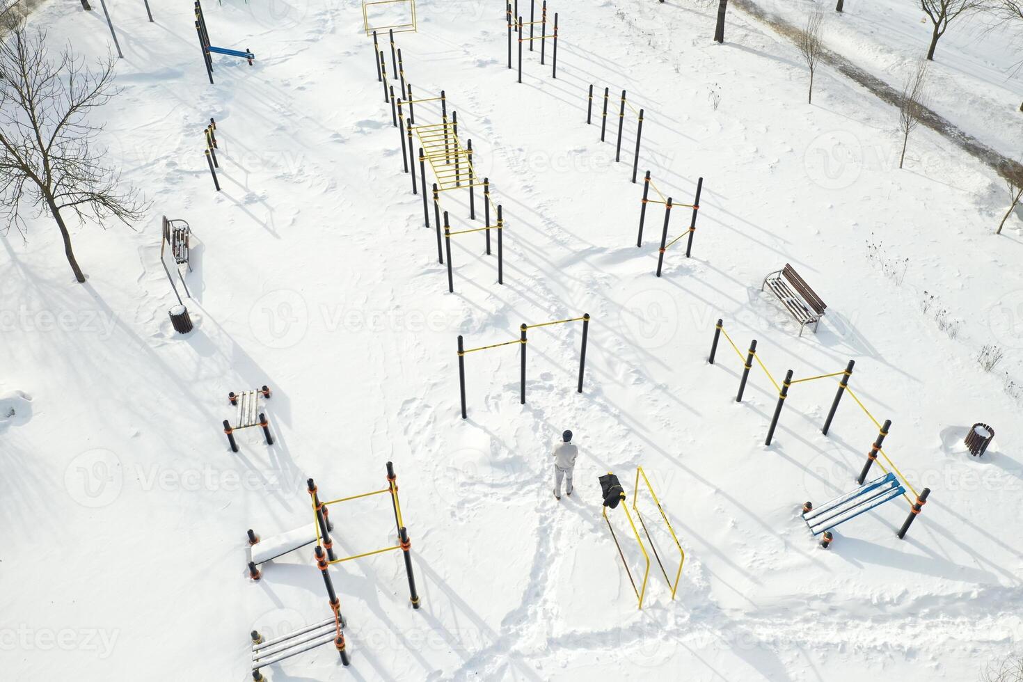 Top view of an empty sports field in a winter park. Infrastructure for winter sports photo