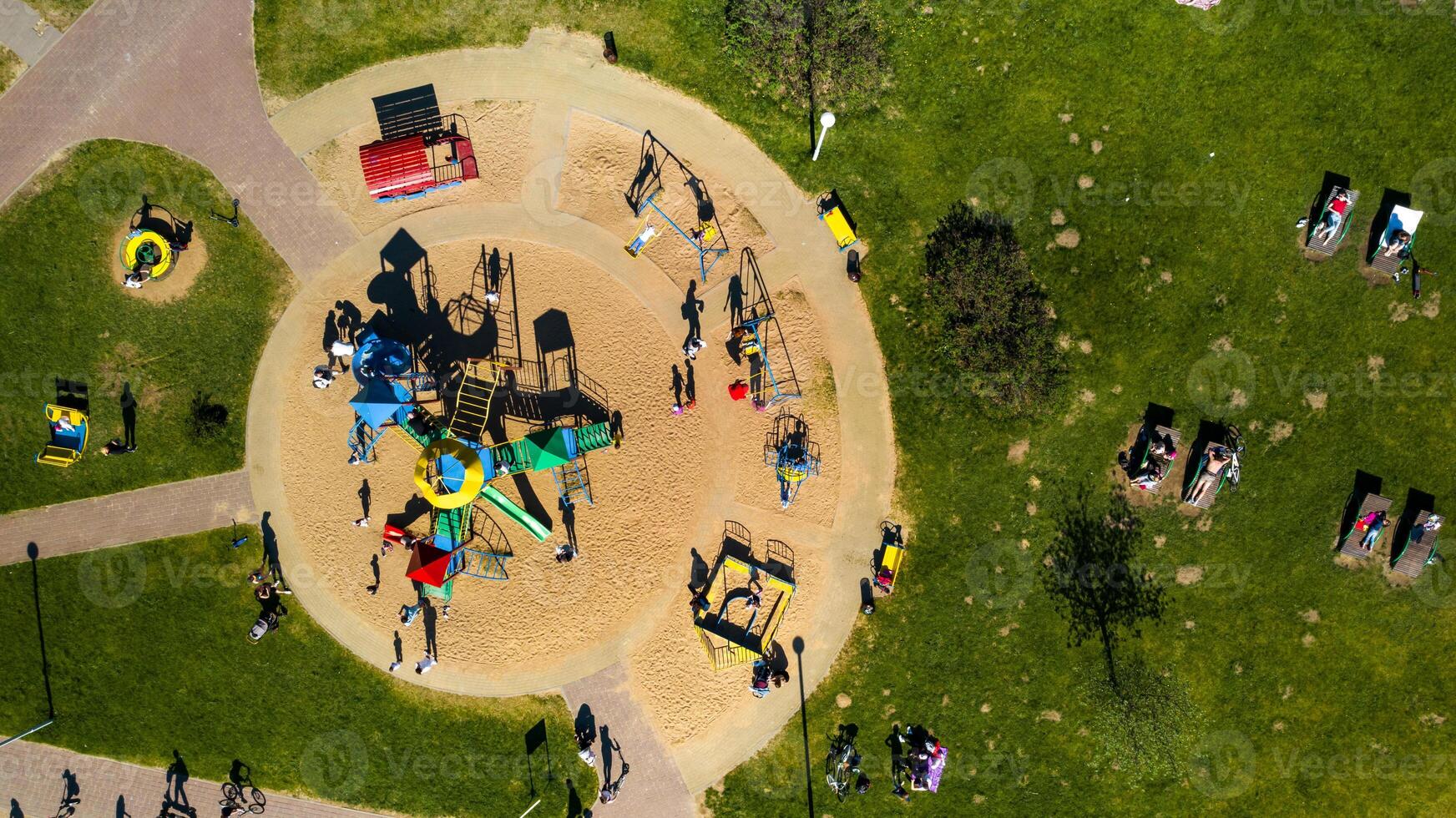 View from the height of the playground and vacationing people in Drozdy in Minsk.Belarus photo