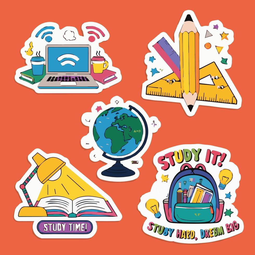 Stickers with school supplies and other items vector