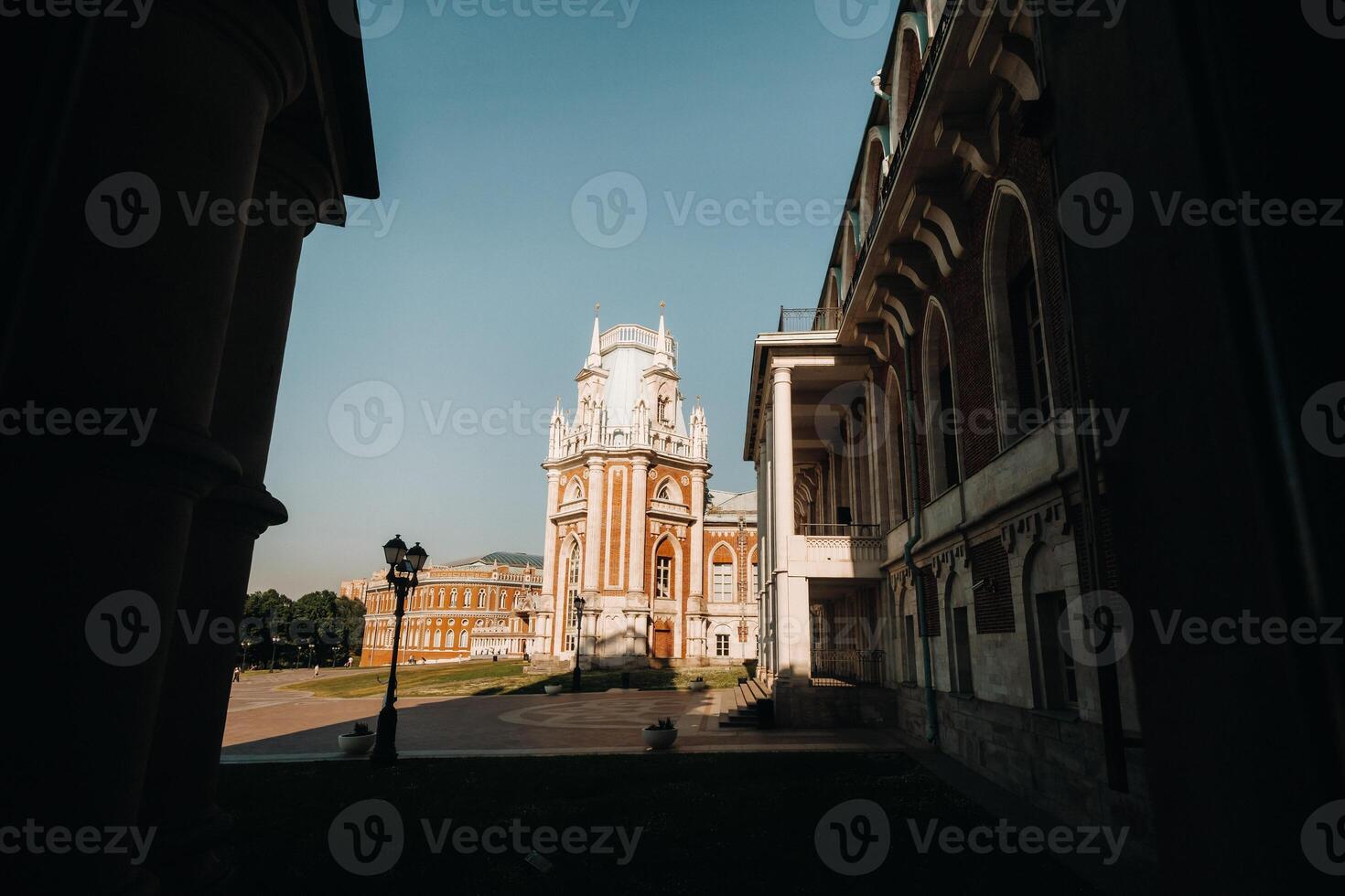Grand Palace in Tsaritsyno in summer, Russia. Tsaritsyno Park is one of the main tourist attractions in Moscow. Beautiful scenic view of the old Tsaritsyn complex in summer photo