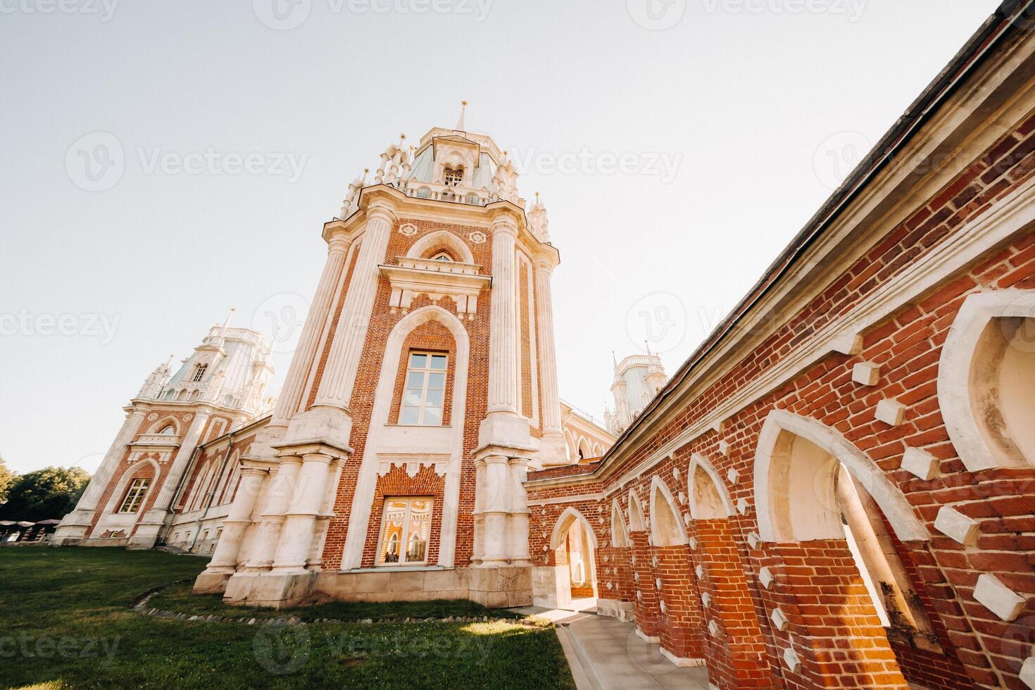 Grand Palace in Tsaritsyno in summer, Russia. Tsaritsyno Park is one of the main tourist attractions in Moscow. Beautiful scenic view of the old Tsaritsyn complex in summer photo