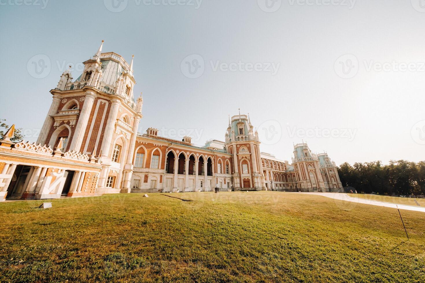 Grand Palace in Tsaritsyno in summer, Russia. Tsaritsyno Park is one of the main tourist attractions in Moscow. Beautiful scenic view of the old Tsaritsyn complex in summer photo