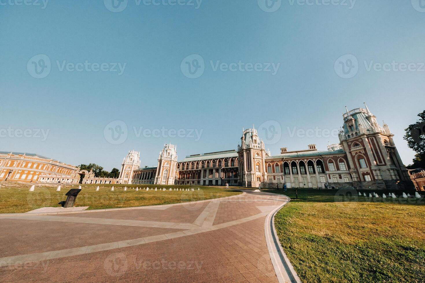 Grand Palace in Tsaritsyno in summer, Russia. Tsaritsyno Park is one of the main tourist attractions in Moscow. Beautiful scenic view of the old Tsaritsyn complex in summer photo