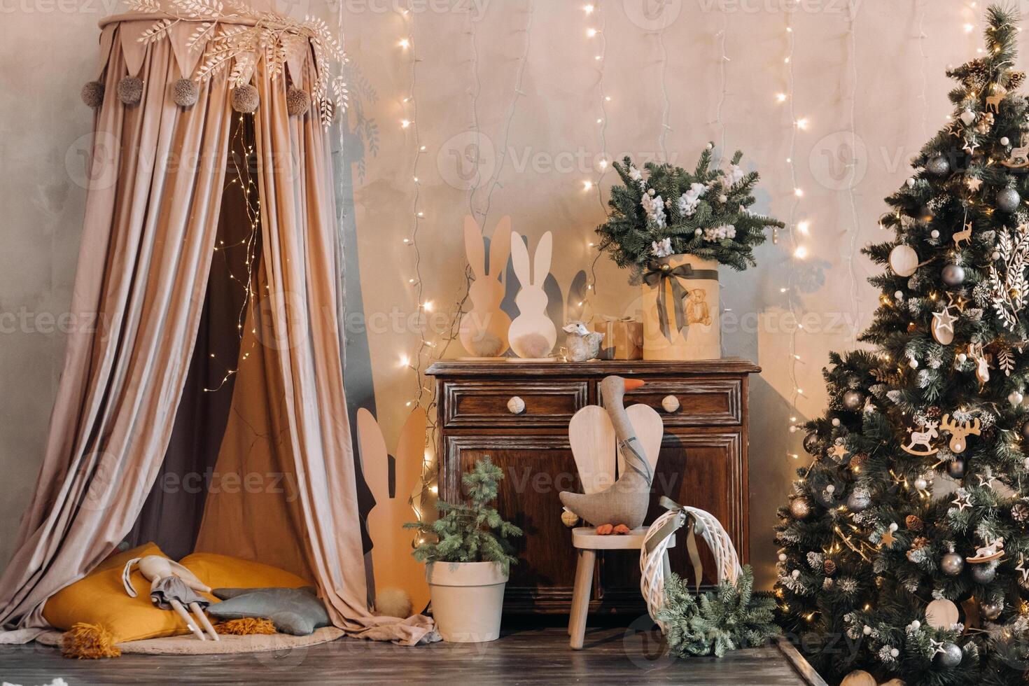 Christmas tree in the home Christmas interior.Decorated Christmas photo zone