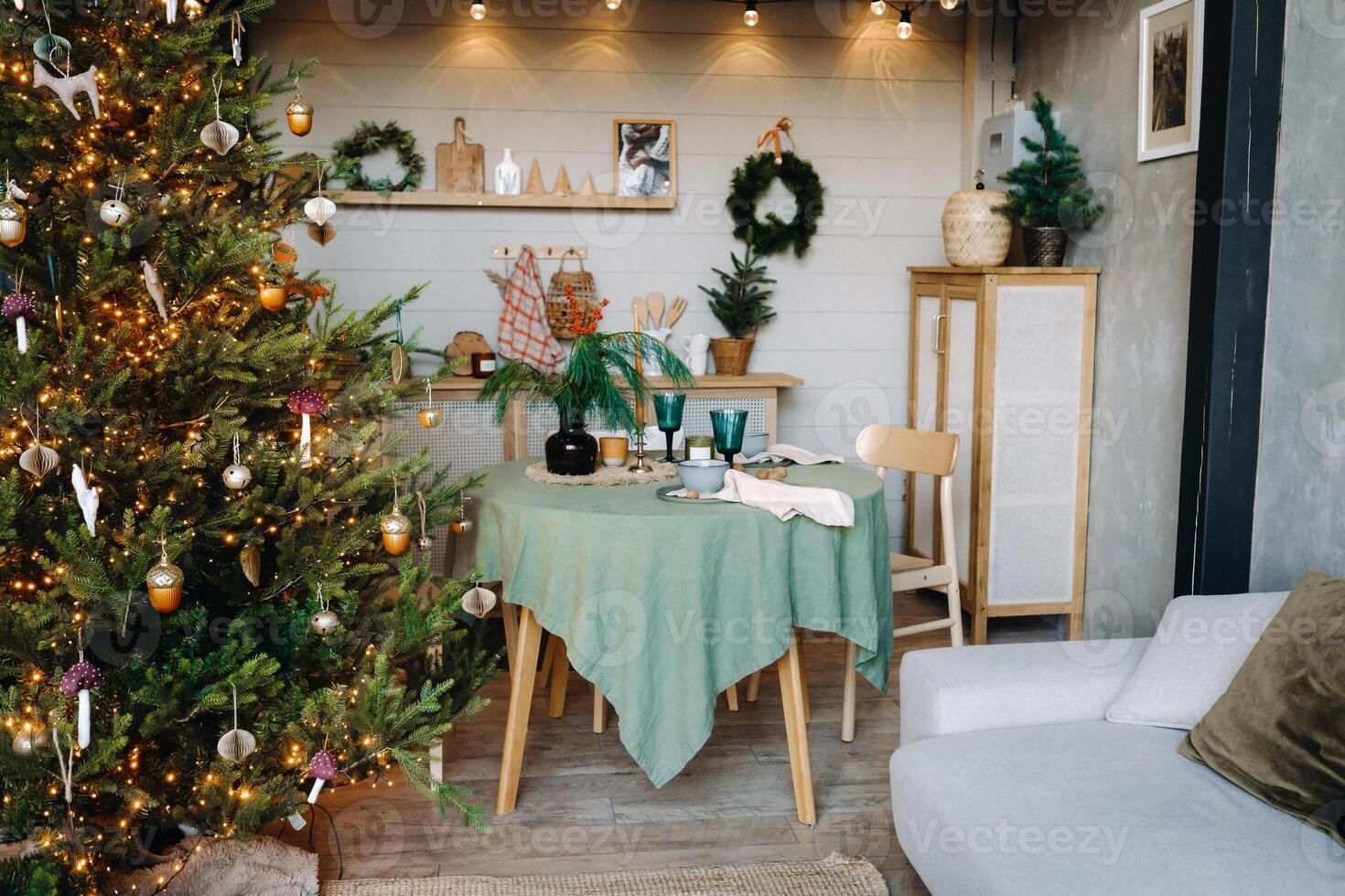 Kitchen table with various accessories in the apartment at Christmas, Kitchen photo