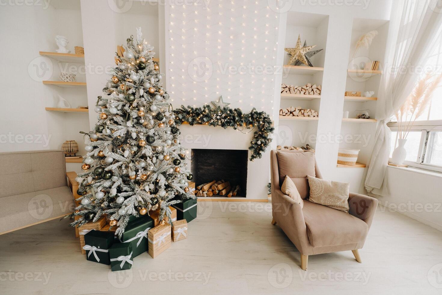 Christmas tree in the home Christmas interior.Decorated Christmas photo zone