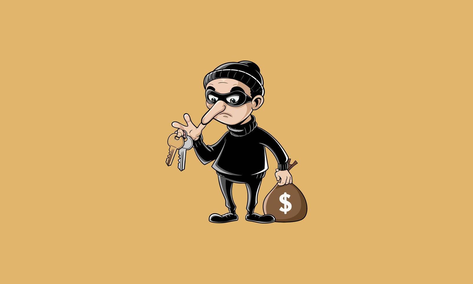 Sneaky burglar holding keys and loot. vector
