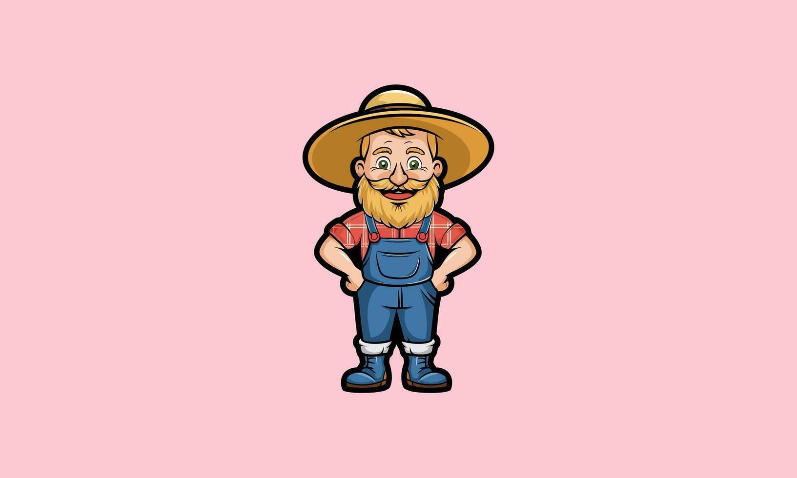 Cheerful farmer in overalls and straw hat. vector