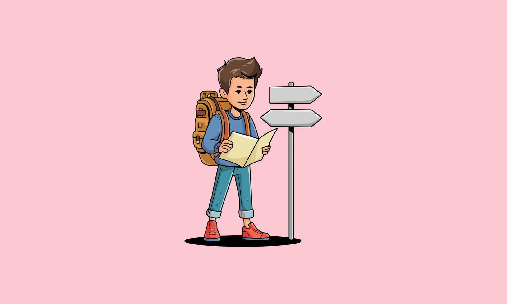 Boy with a backpack reading a map at crossroads. vector