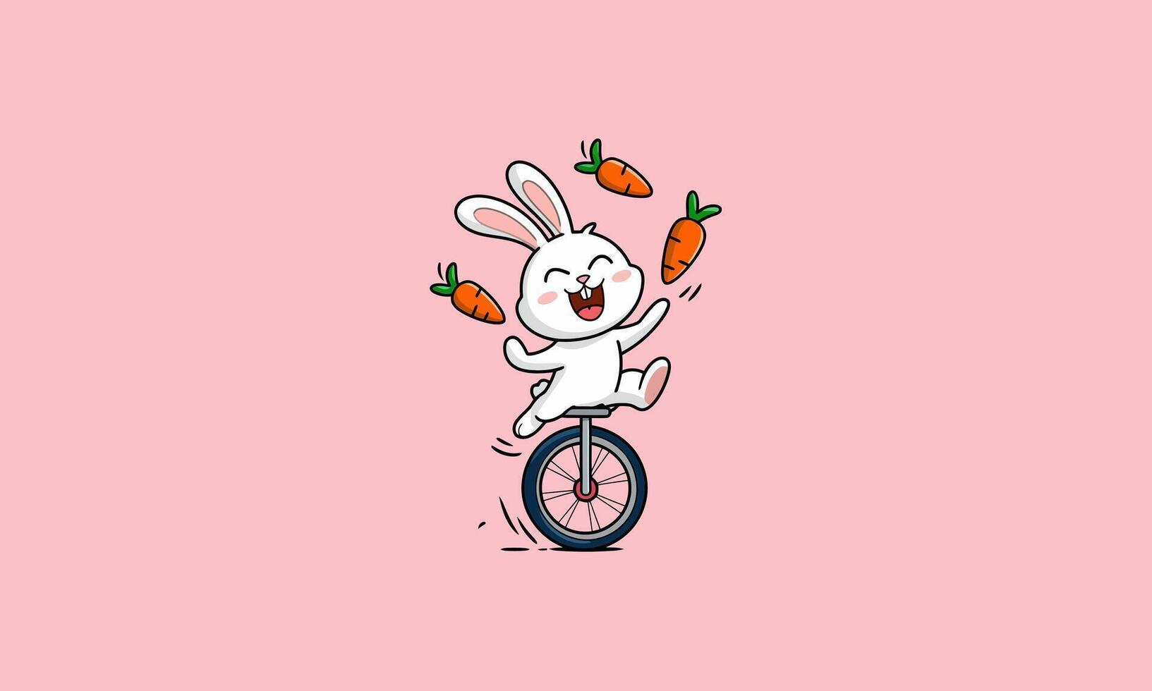 Happy bunny juggling carrots while riding a unicycle vector