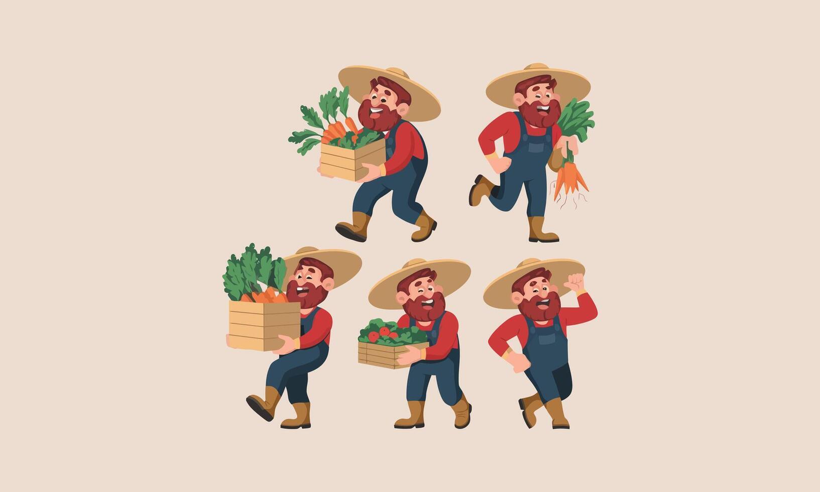 Cheerful farmer carrying vegetables in various poses. vector