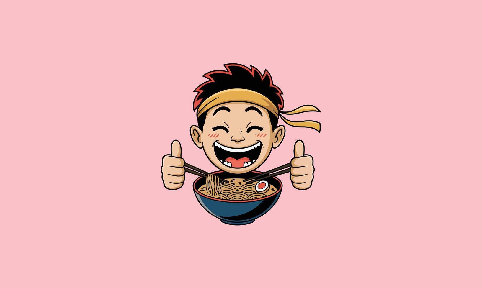 Happy boy enjoying ramen with chopsticks and thumbs up vector