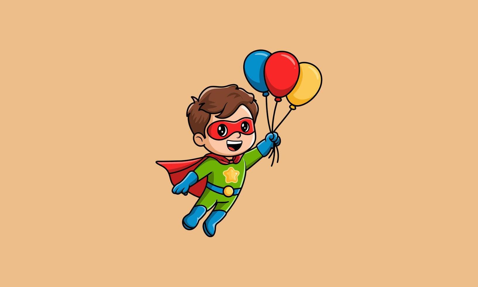 Superhero boy flying with red and yellow balloons vector