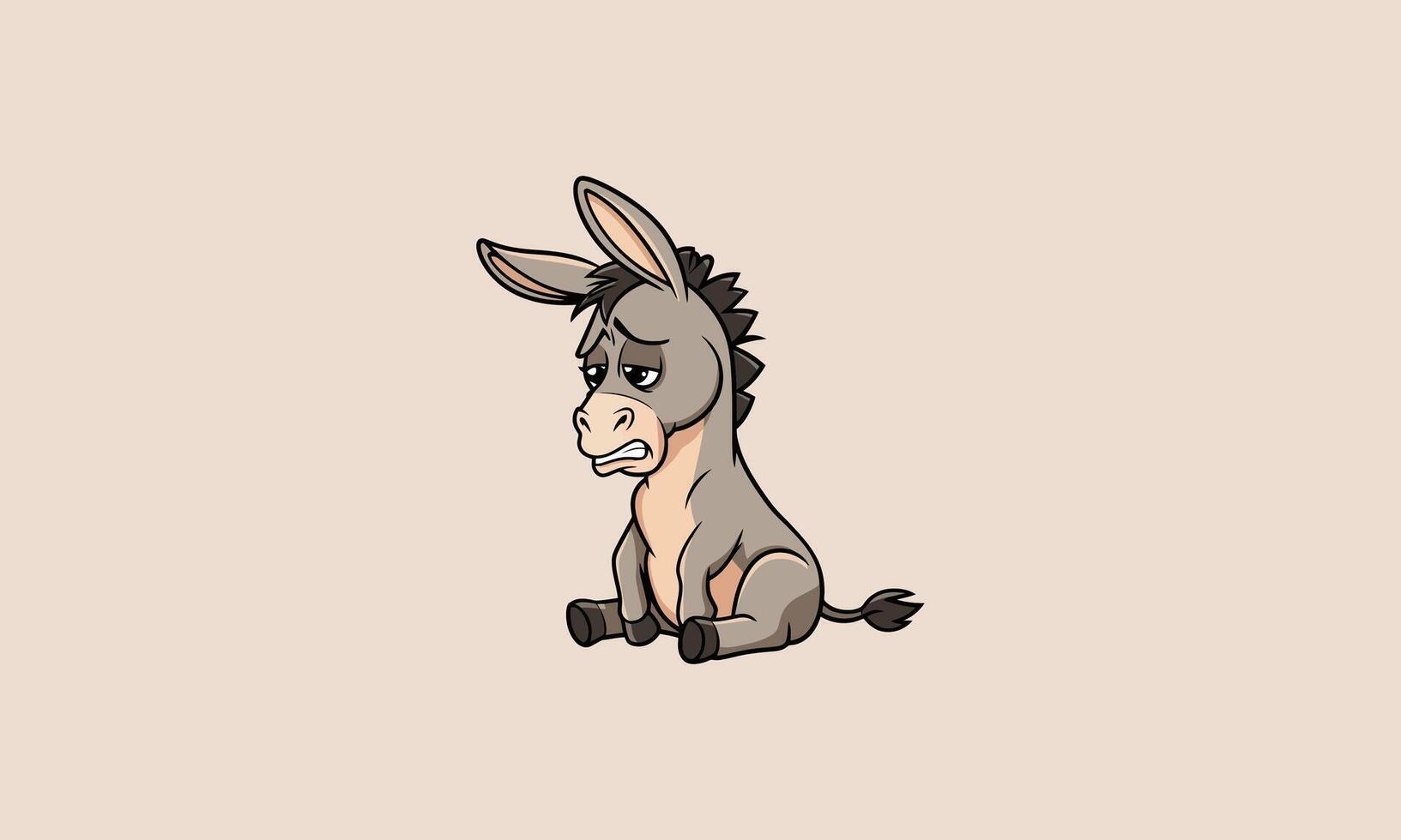 Sad donkey sitting down with a gloomy expression. vector