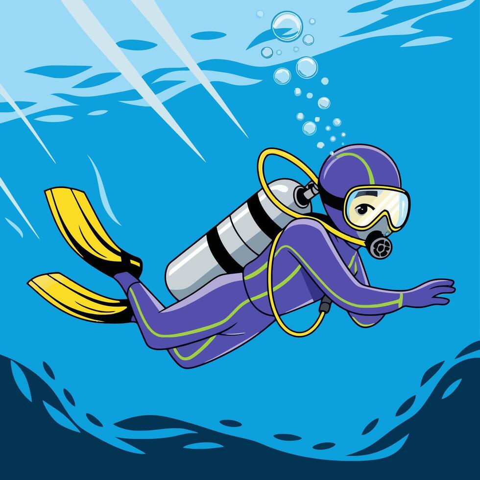 Cartoon diver swimming underwater in a purple wetsuit vector
