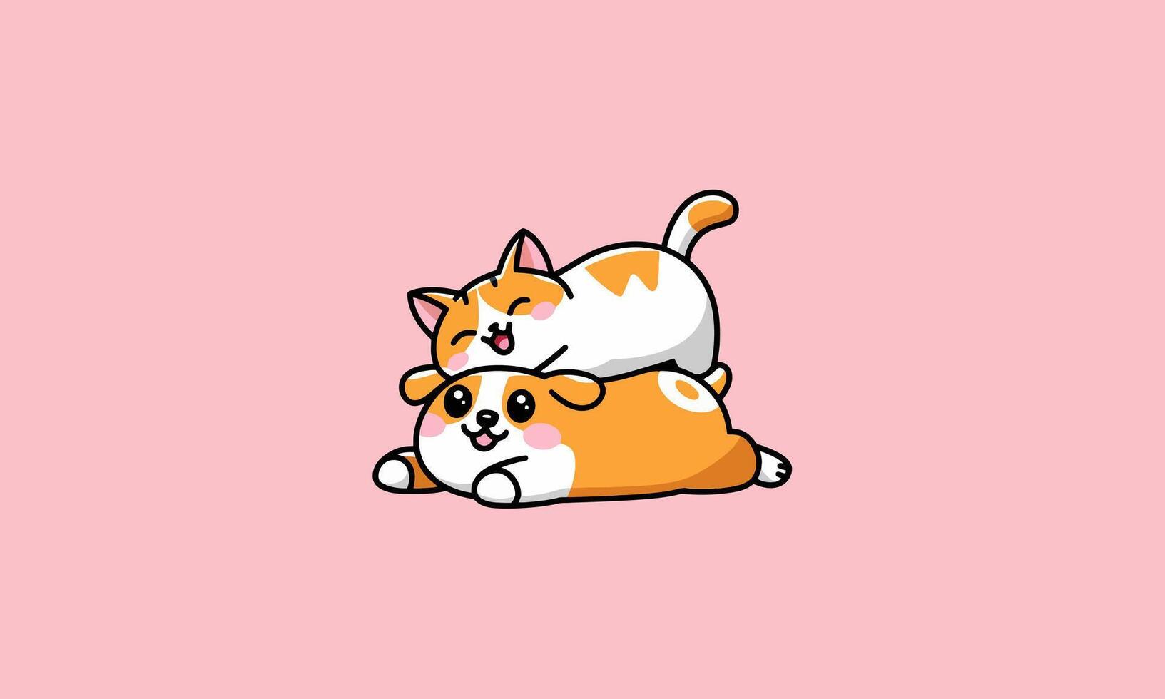 Playful cat lying on top of a happy dog, both relaxing vector