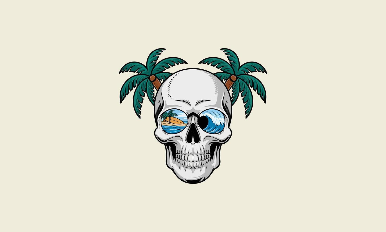 Skull with tropical beach reflections and palm trees. vector