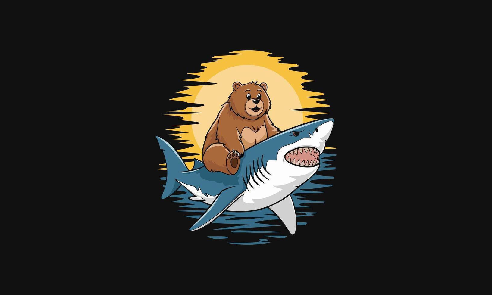 Bear riding a shark with sunset background vector