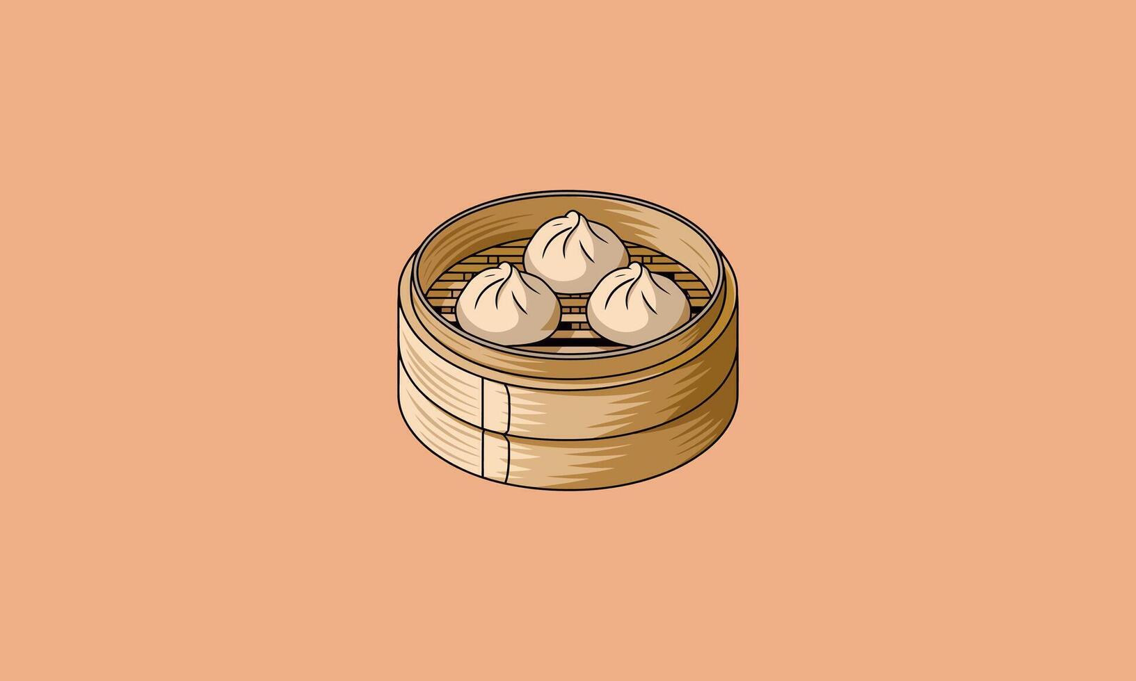 Steamed buns in a bamboo basket, dim sum style illustration. vector