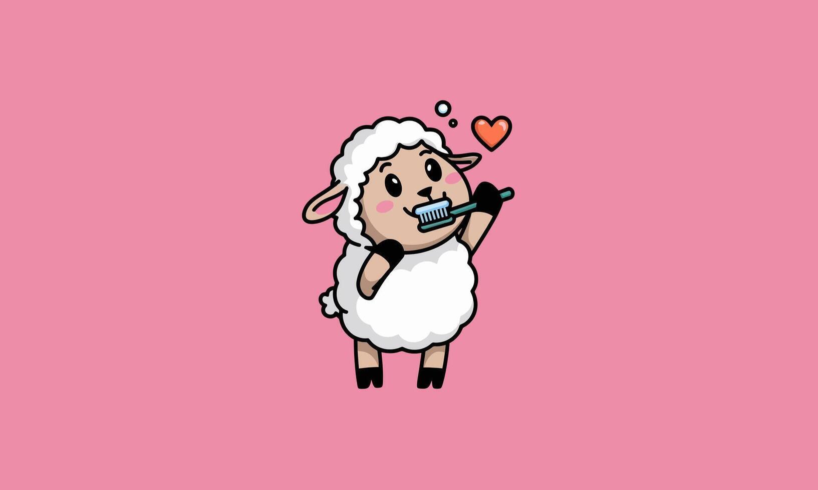 Adorable sheep brushing teeth with a heart on pink background. vector