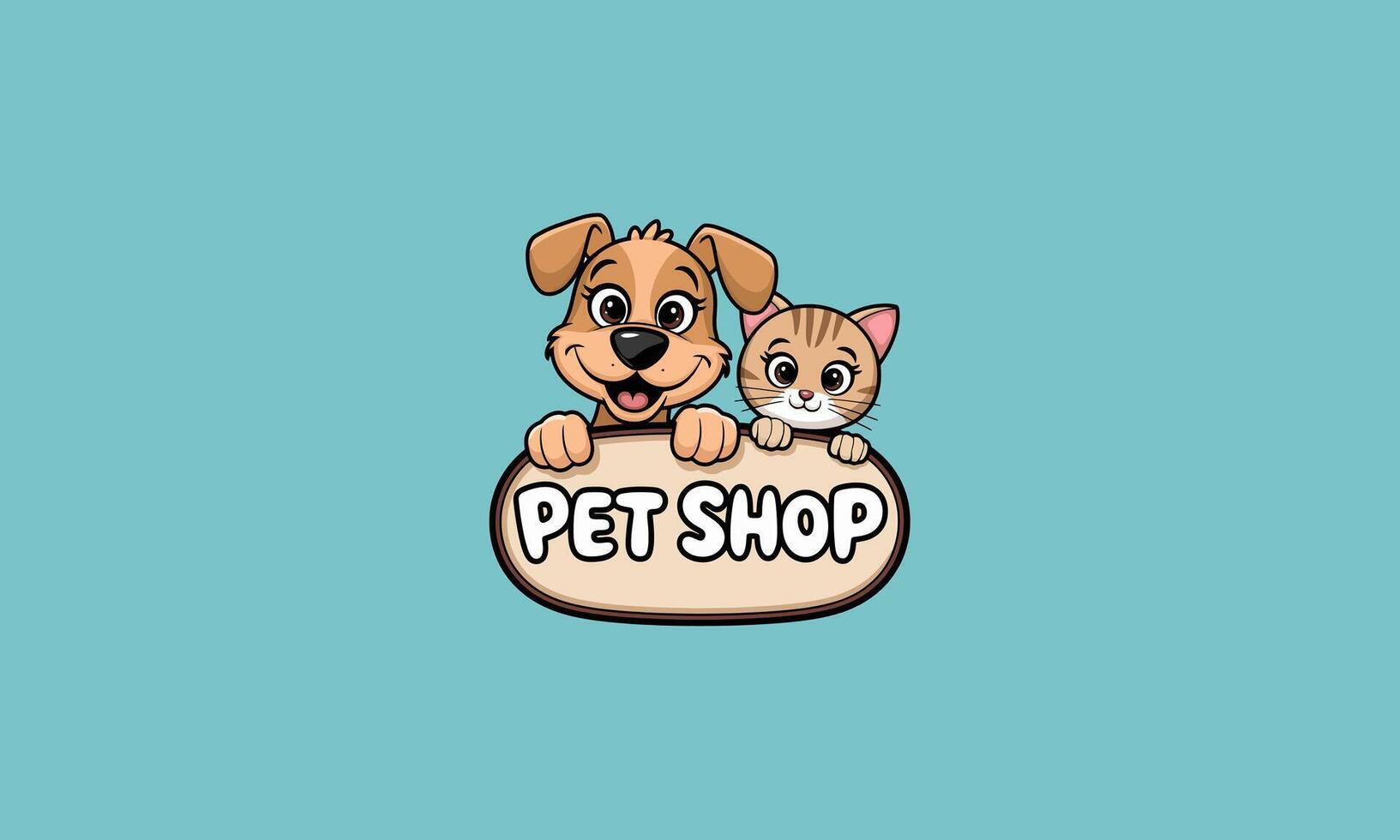 Cat and dog together on a pet shop sign with a blue background. vector