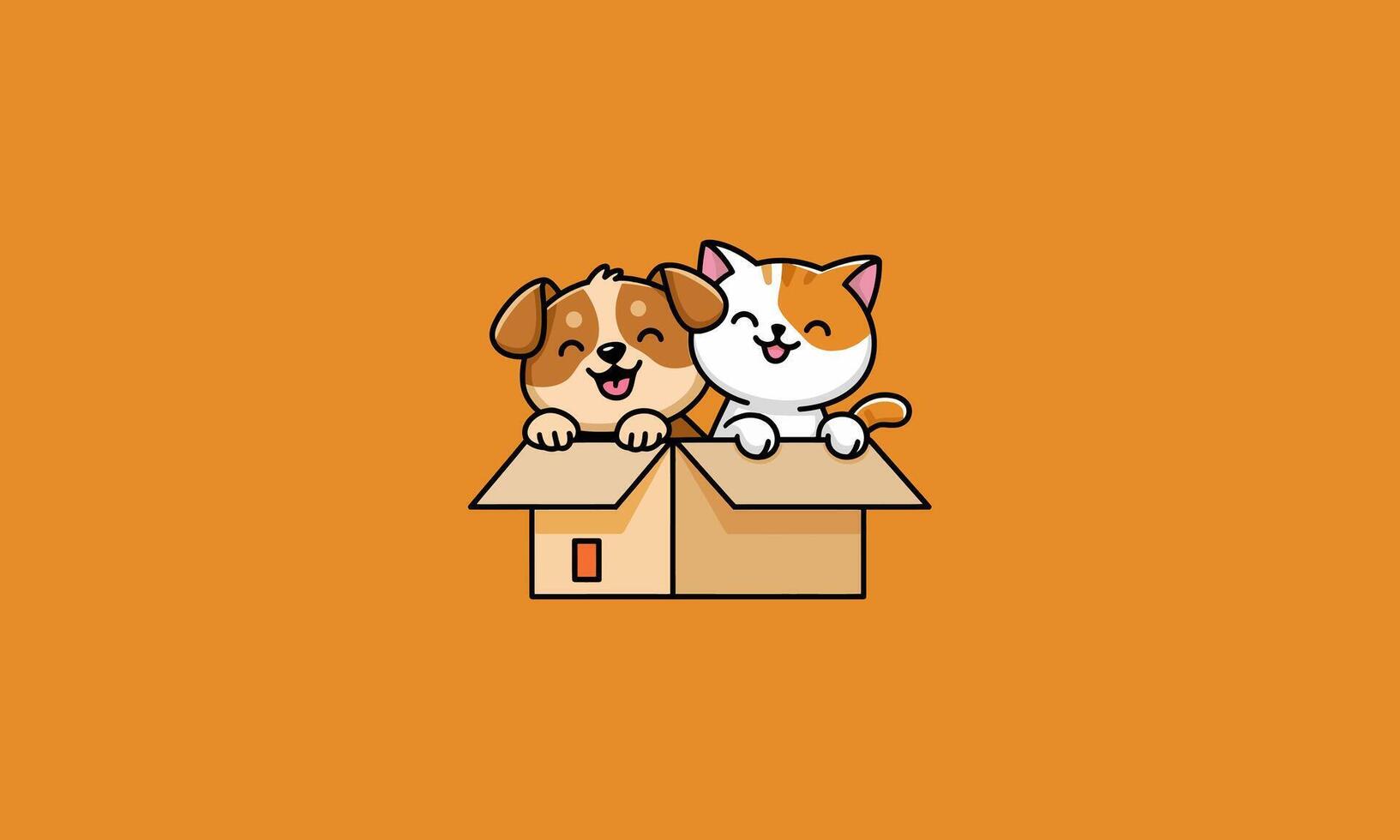 Happy cat and dog playing together inside a cardboard box vector