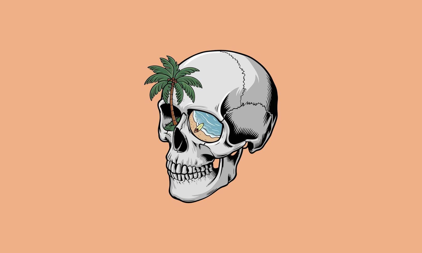Skull with beach and palm tree scene in the eye socket vector