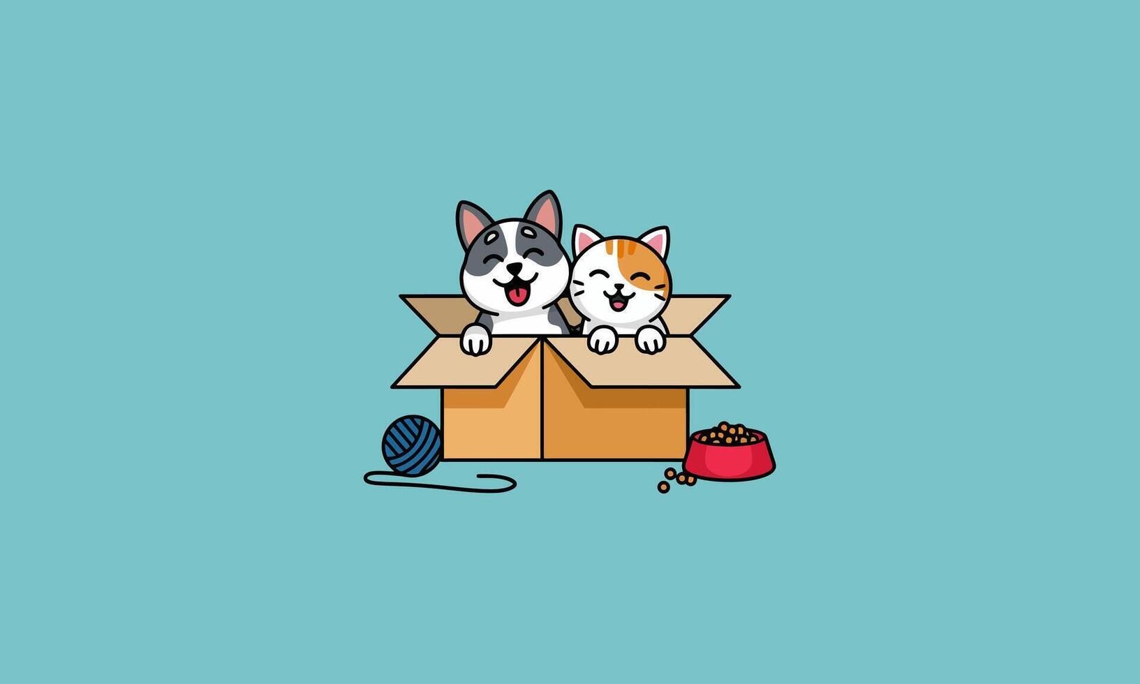 Happy cat and dog in a box with a ball of yarn and food vector