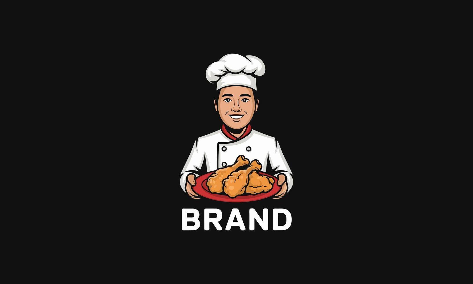 Chef holding a platter of fried chicken with branding. vector