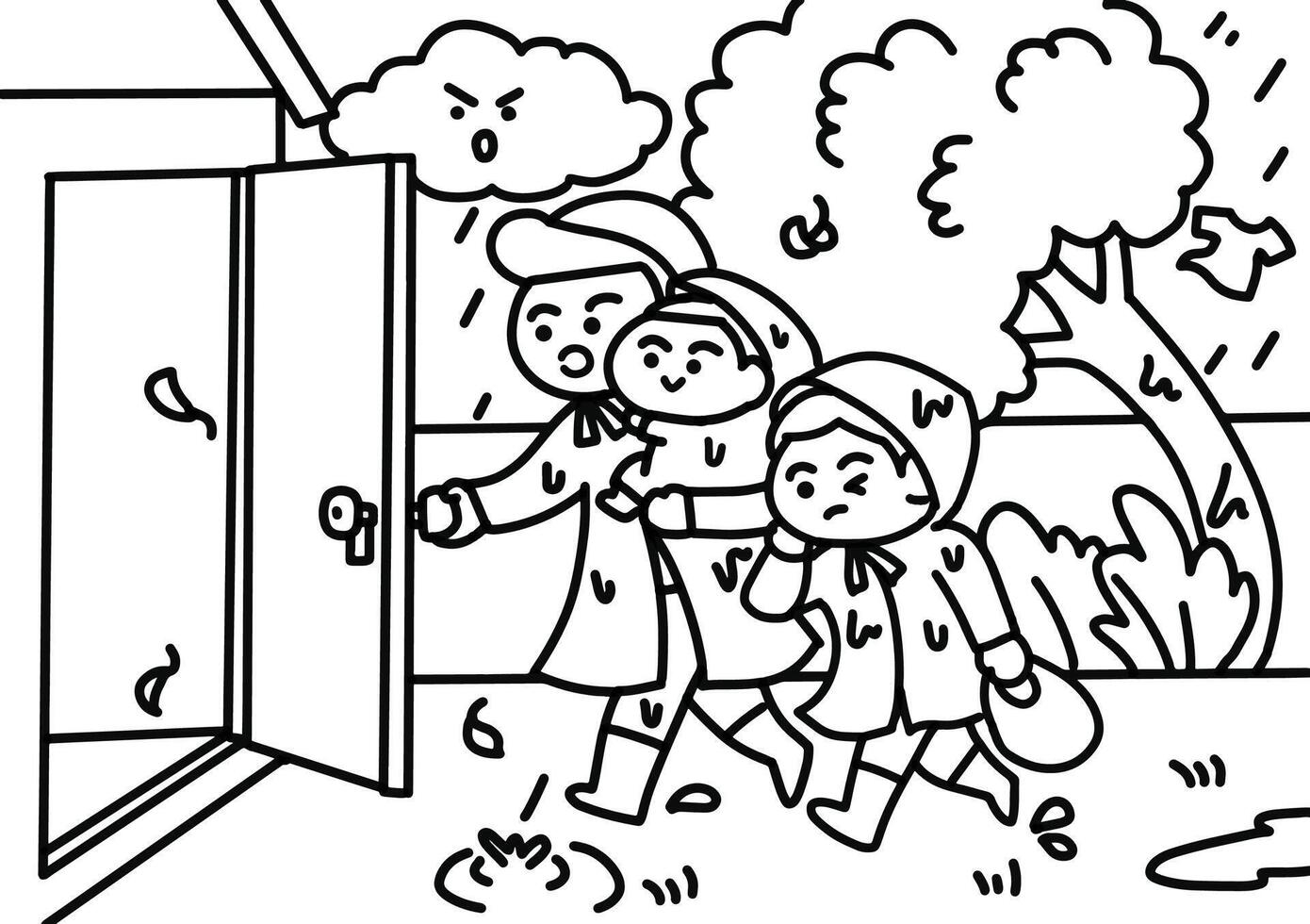Strom and raining coloring pages style. vector