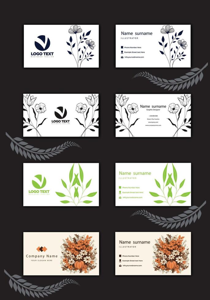 Print an artistic, colorful, florally decorated business card template set. vector