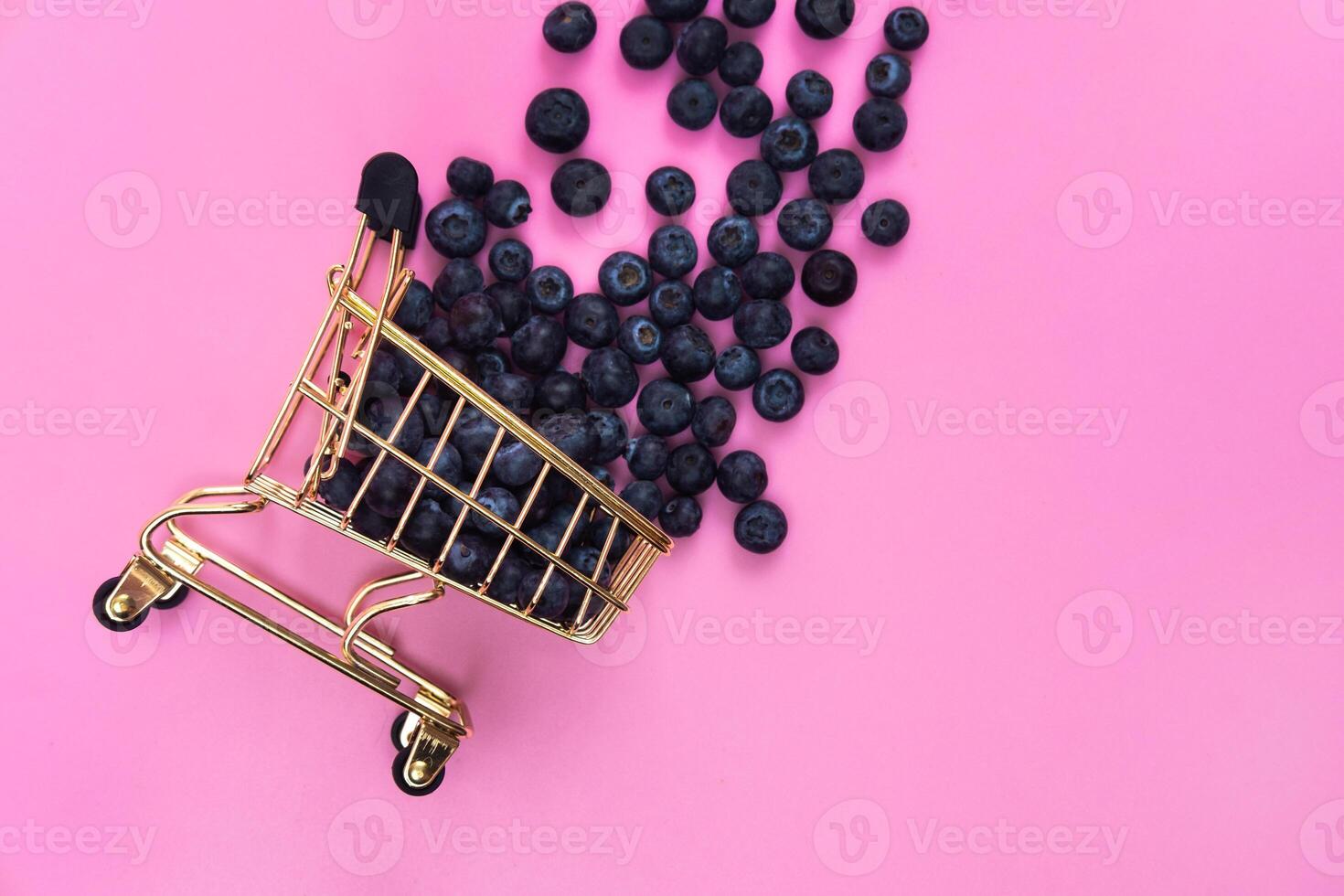 Blueberries in a grocery cart on a pink background. Scattered blueberries near a grocery cart on a pink background. photo