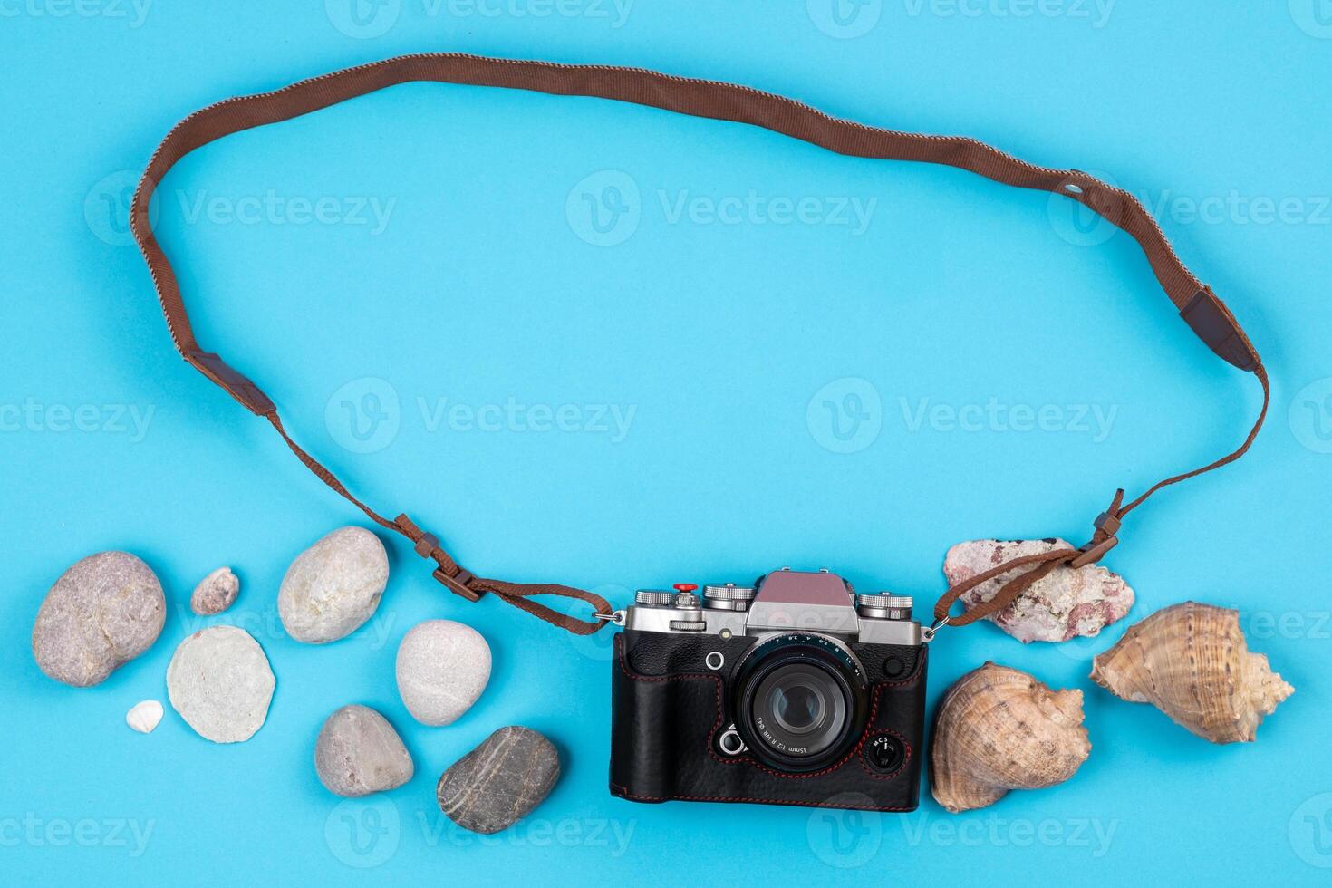 camera and seashells on a blue background.Background for the traveler photo