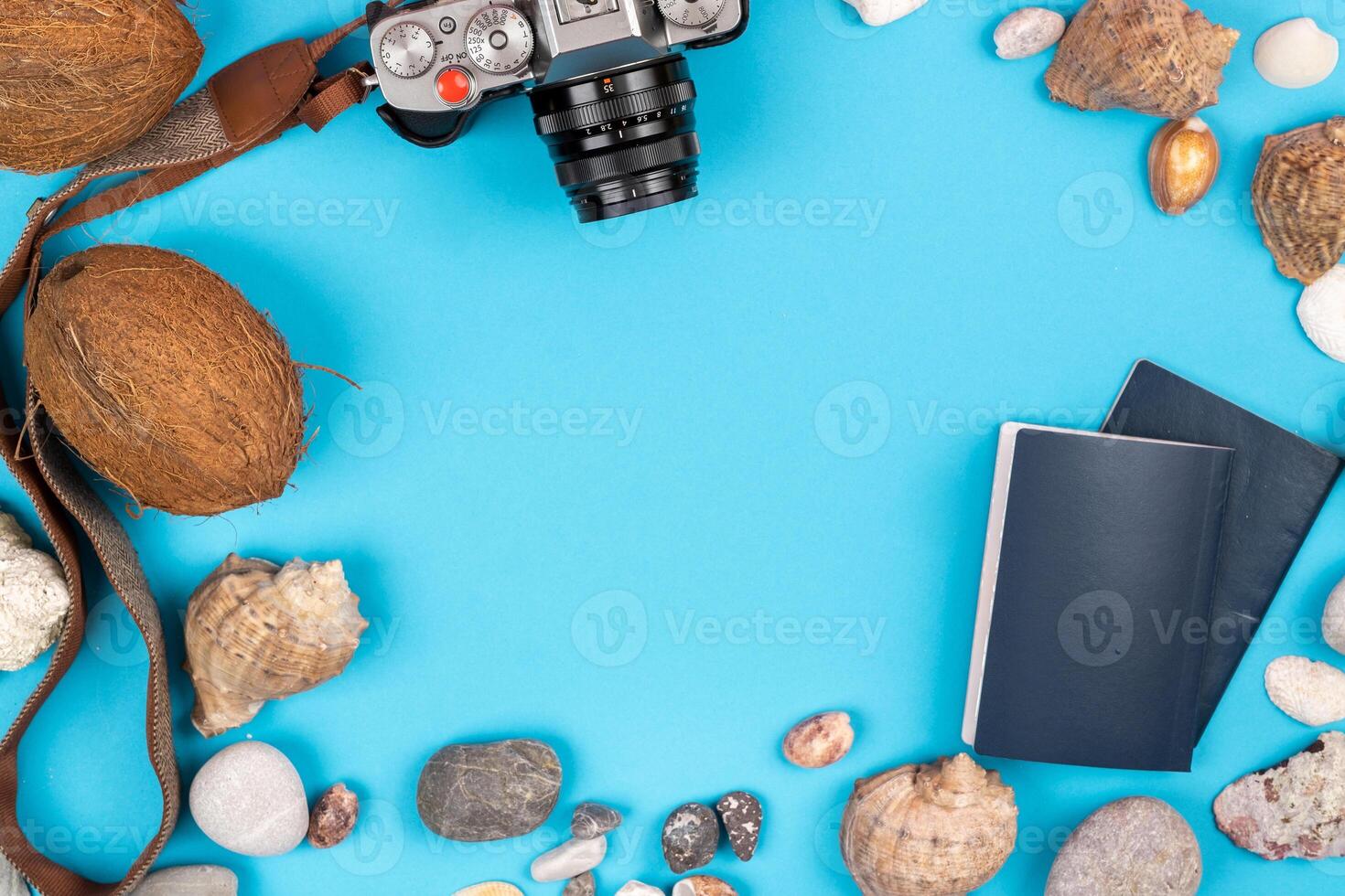 camera,coconuts, shells and documents on a blue background.Background for the traveler photo