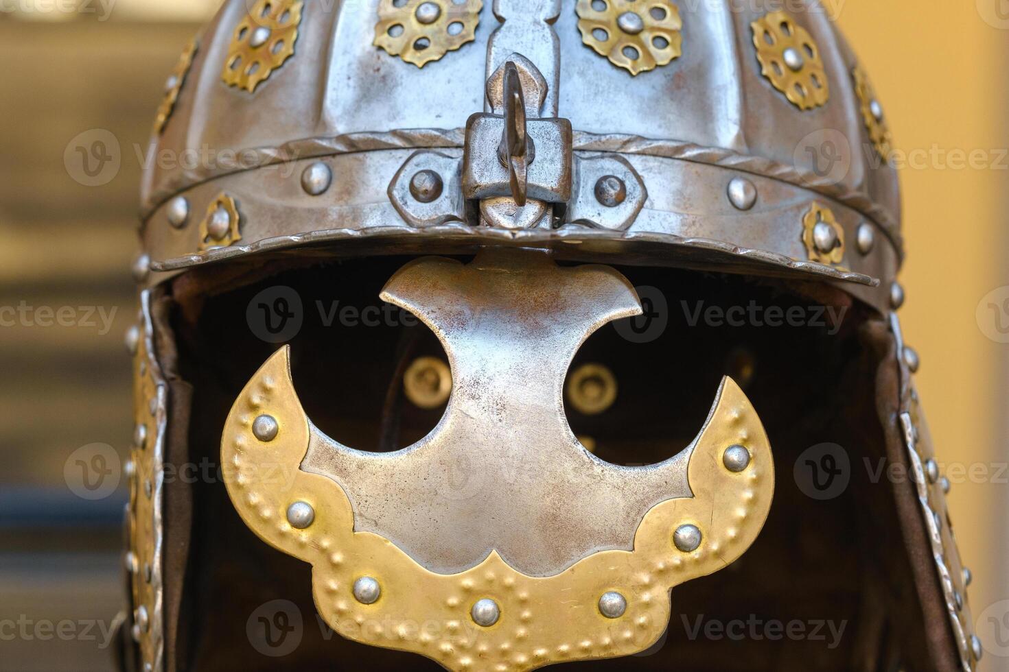 An ancient Knight's helmet with armor.A medieval concept photo