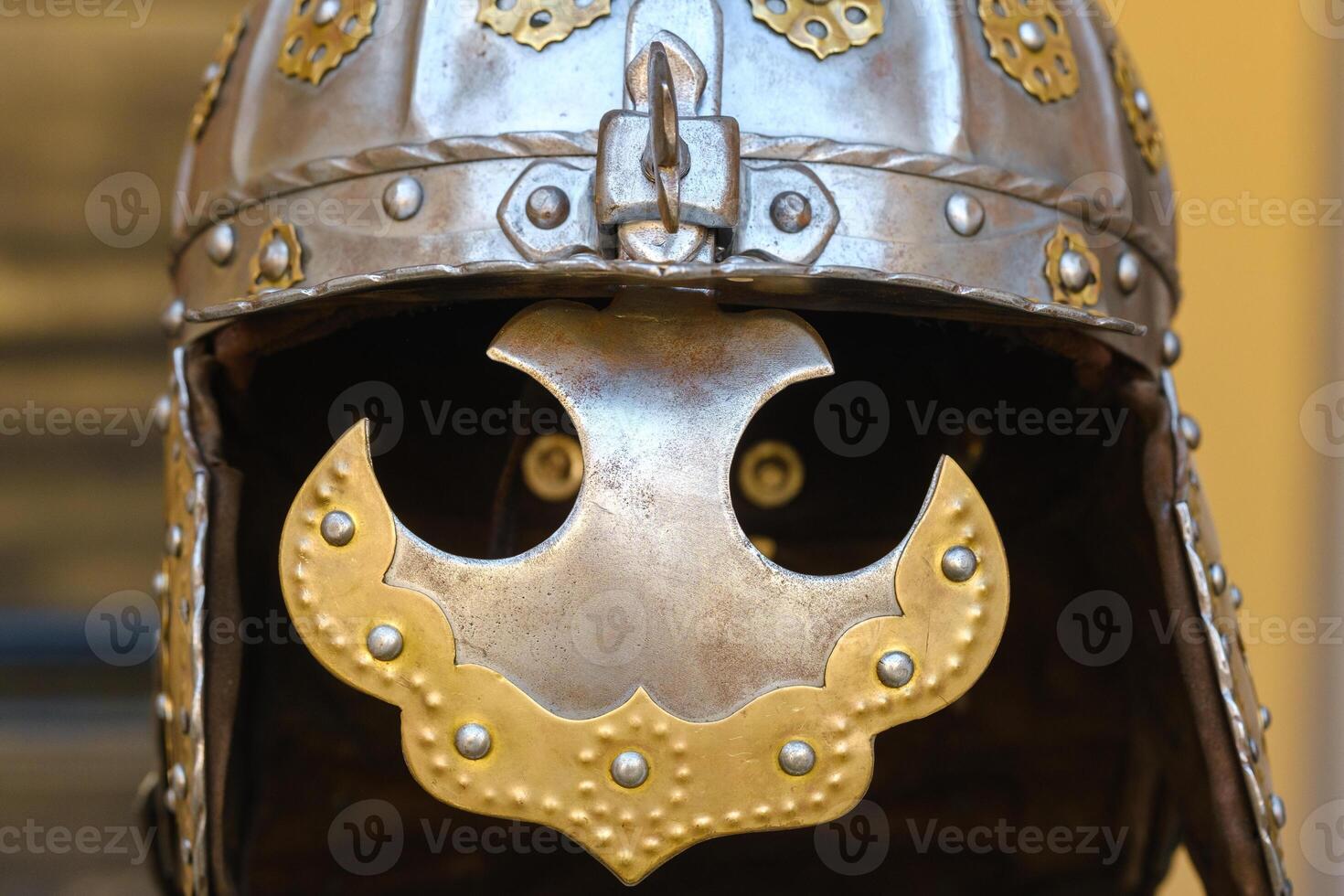 An ancient Knight's helmet with armor.A medieval concept photo