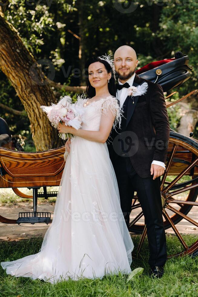 A couple of the bride and groom are standing near the carriage in nature in retro style photo
