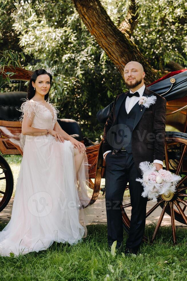 A couple of the bride and groom are standing near the carriage in nature in retro style photo