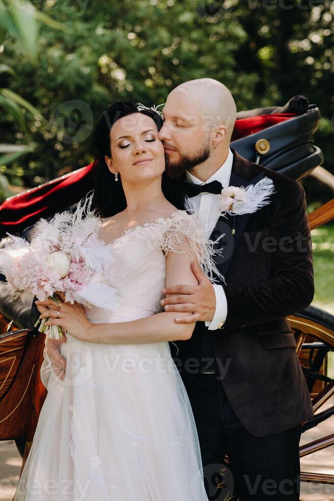 A couple of the bride and groom are standing near the carriage in nature in retro style photo